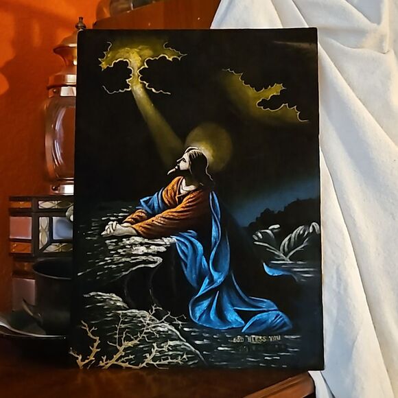 Gorgeous Vintage Hand Painted Velvet Jesus  17.25" x 12.25" - Picture 12 of 12